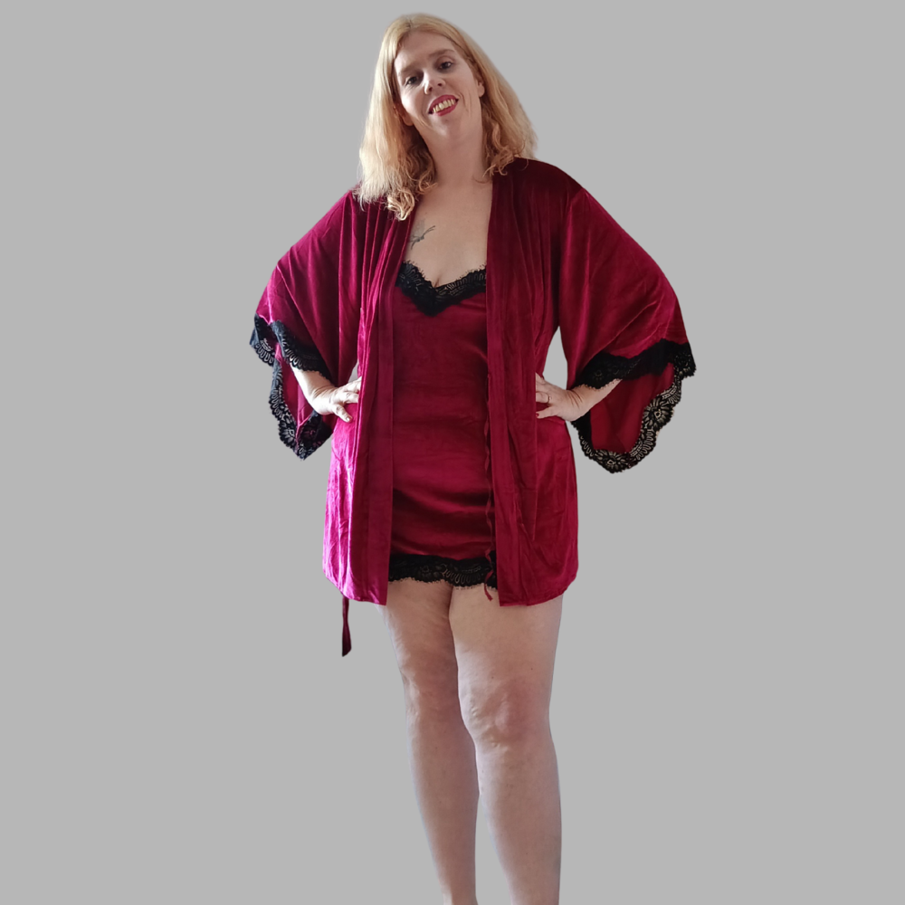 Ensemble Nuisette et Kimono en velours rouge