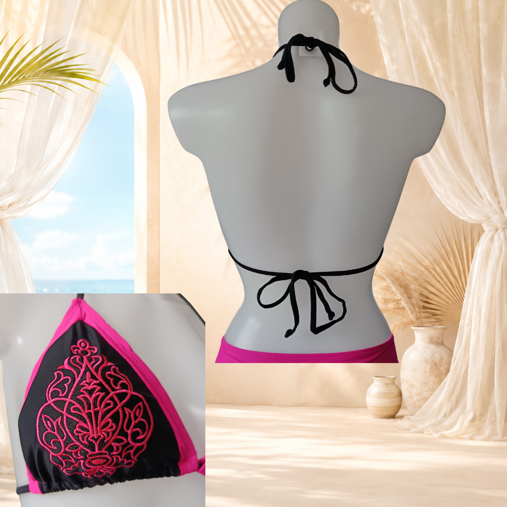 Bikini noir et fuchsia brodé