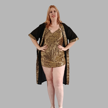 Ensemble kimono et nuisette en satin léopard