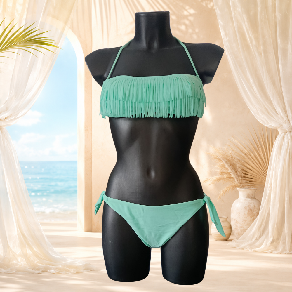 Bikini bandeau à franges bohèmes vert menthe
