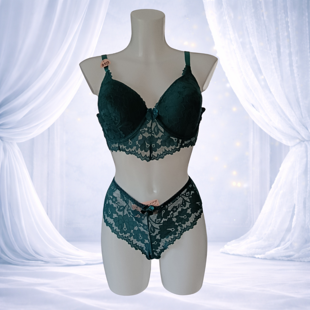 Ensemble vert émeraude en dentelle avec armatures – Spécial bonnet D