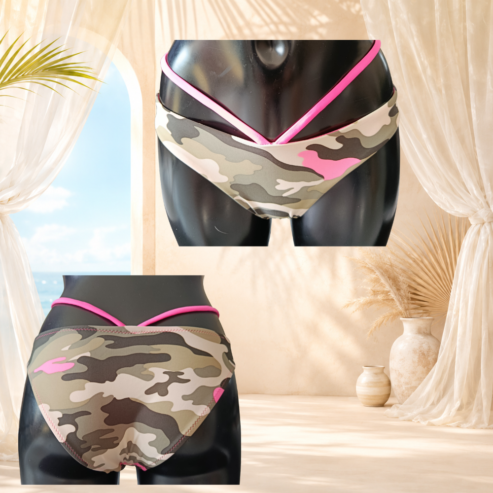 Bikini camouflage kaki et rose fluo