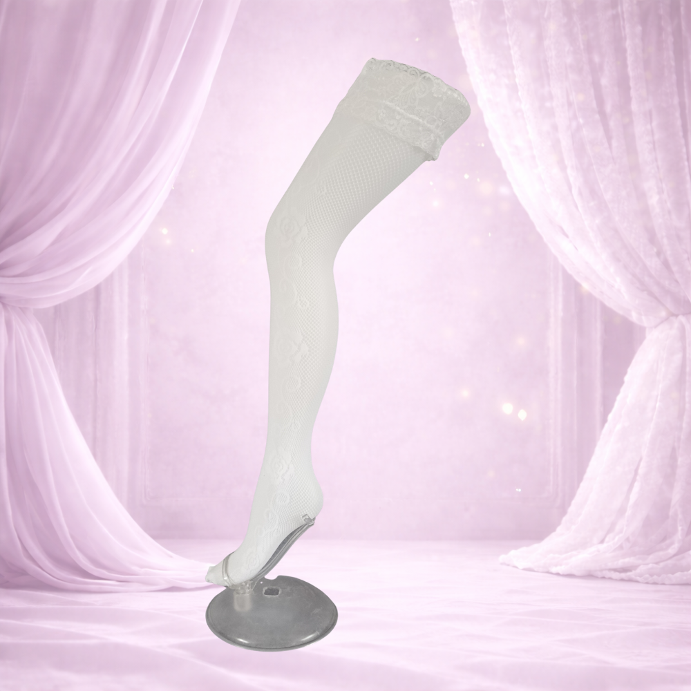 Bas auto fixant en resille blanc avec motif fleur