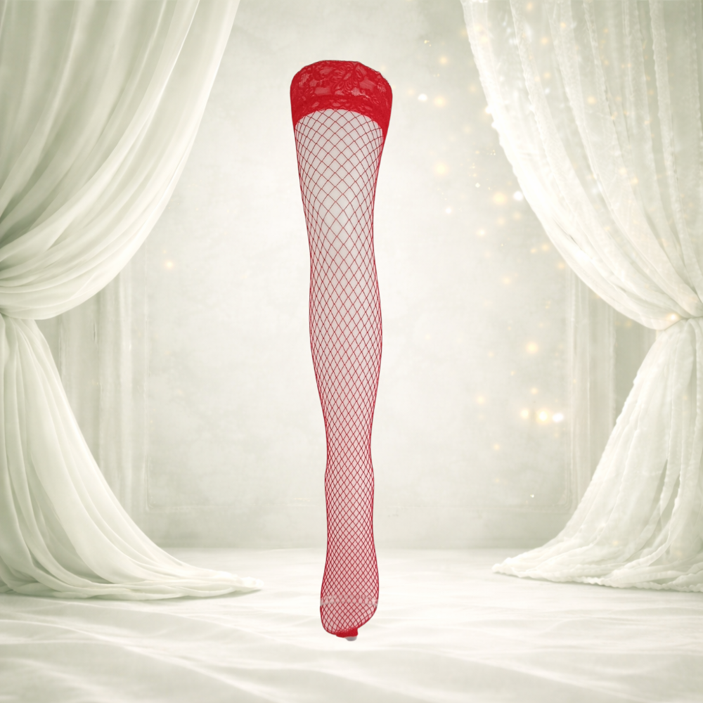 Bas auto fixant en resille rouge finition dentelle