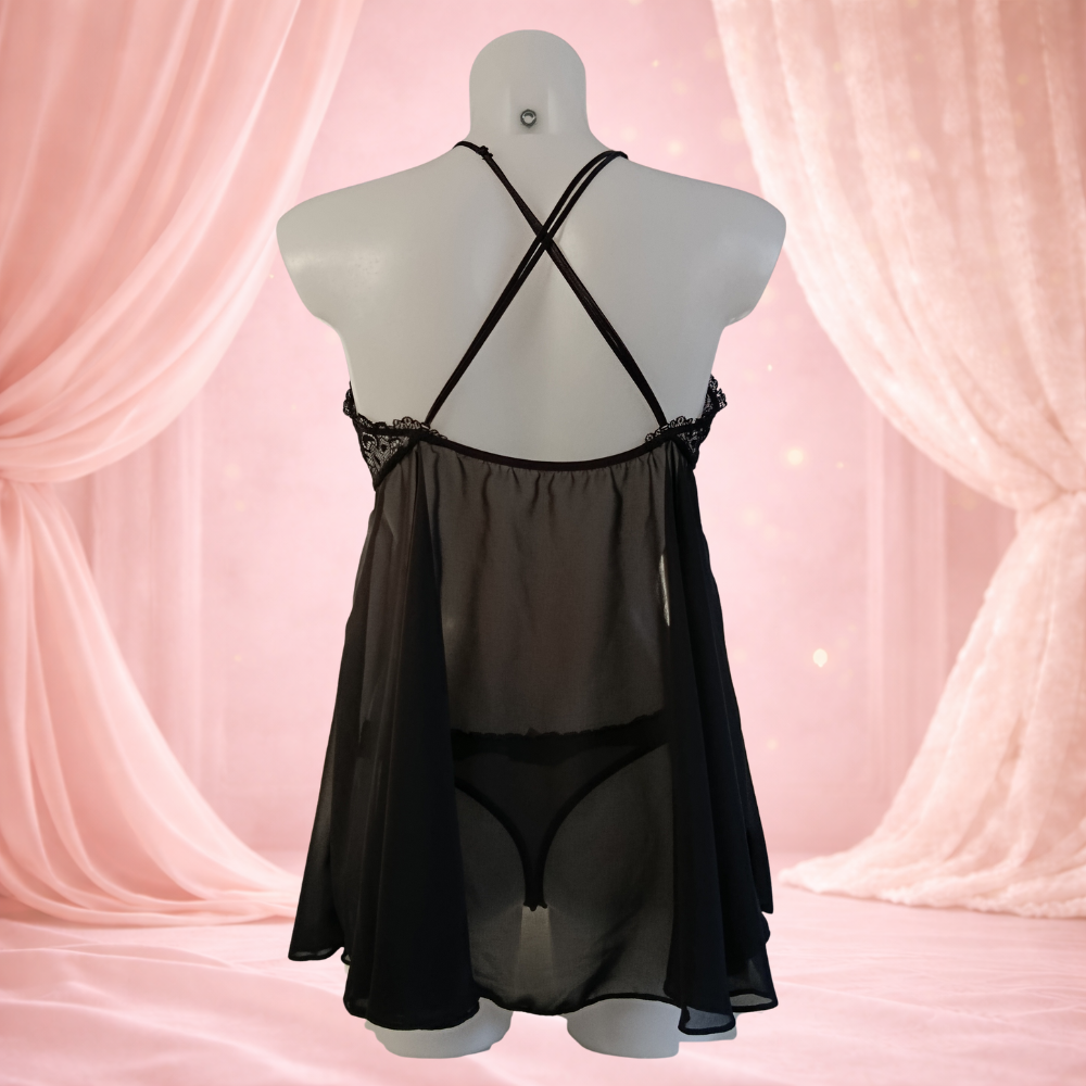 Nuisette Dentelle et voile noir modèle glow marque SAWREN